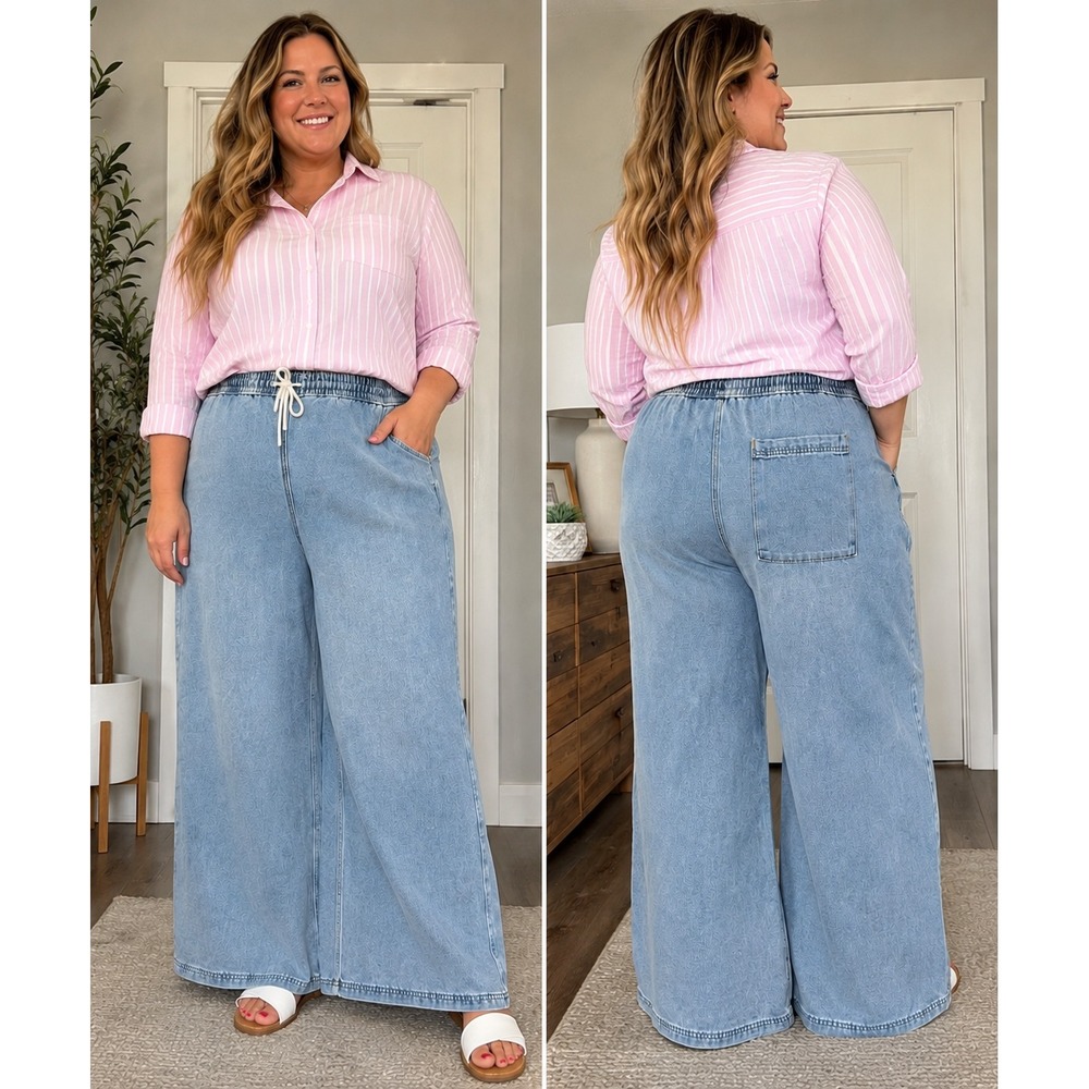 DIVIDED by H&M Light Wash Pull-On Wide Leg Denim Jeans Elastic Waist XXL NWT